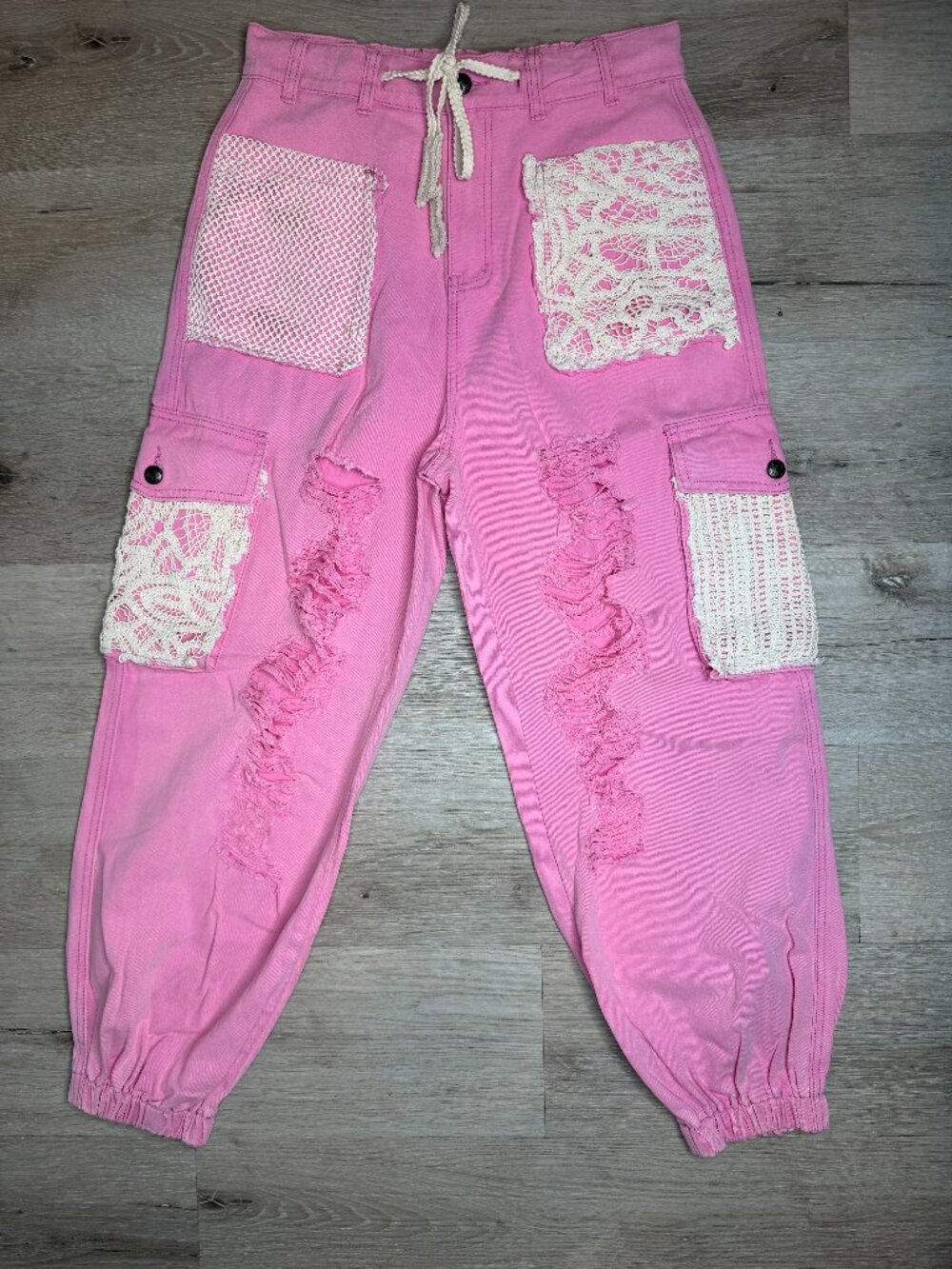 POL Pink Distressed Crochet Lace Cargo Denim Jogger Pants S
